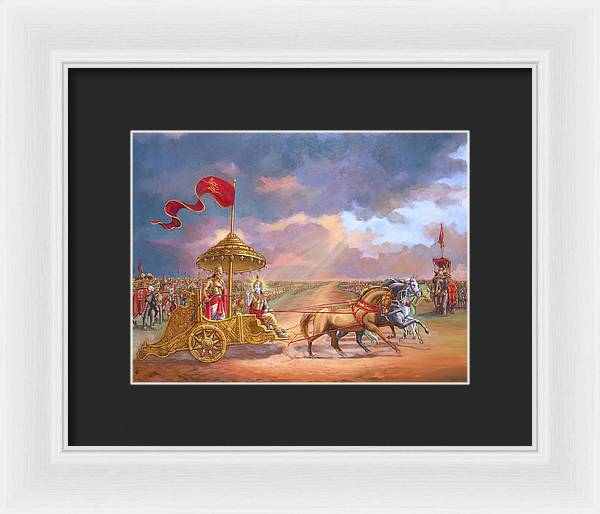 Partha Sarathi  Krishna speaks the Bhagavad-Gita to Arjuna - Framed Print