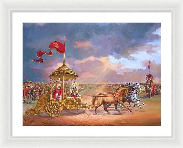 Partha Sarathi  Krishna speaks the Bhagavad-Gita to Arjuna - Framed Print