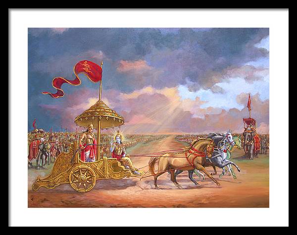 Partha Sarathi  Krishna speaks the Bhagavad-Gita to Arjuna - Framed Print