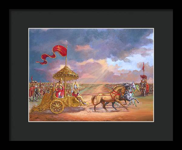 Partha Sarathi  Krishna speaks the Bhagavad-Gita to Arjuna - Framed Print