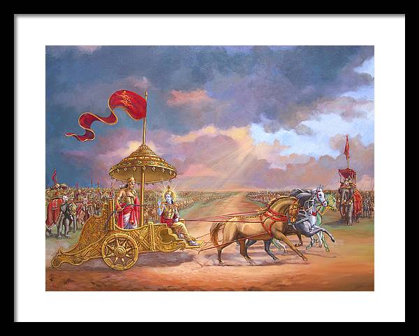 Partha Sarathi  Krishna speaks the Bhagavad-Gita to Arjuna - Framed Print