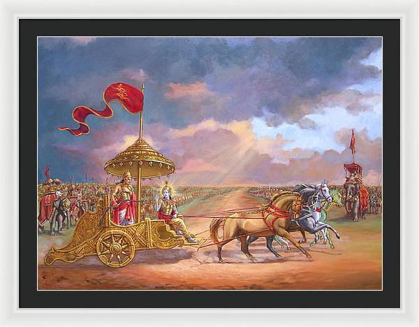 Partha Sarathi  Krishna speaks the Bhagavad-Gita to Arjuna - Framed Print