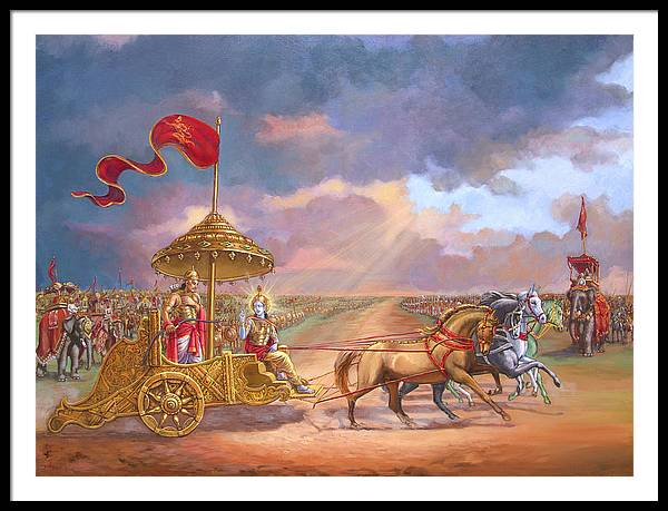 Partha Sarathi  Krishna speaks the Bhagavad-Gita to Arjuna - Framed Print