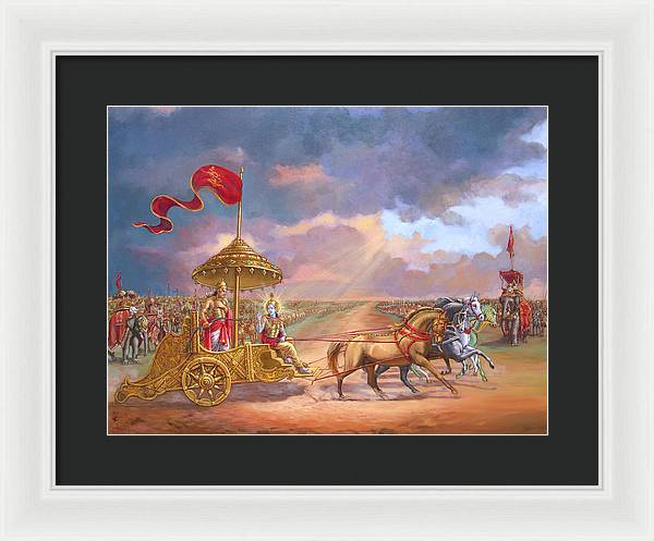 Partha Sarathi  Krishna speaks the Bhagavad-Gita to Arjuna - Framed Print