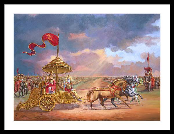 Partha Sarathi  Krishna speaks the Bhagavad-Gita to Arjuna - Framed Print