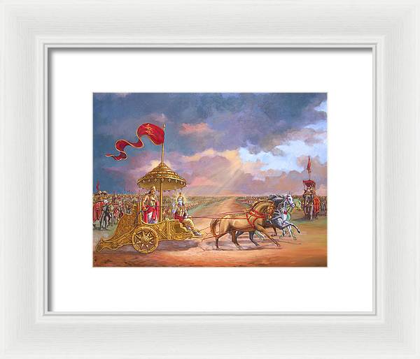 Partha Sarathi  Krishna speaks the Bhagavad-Gita to Arjuna - Framed Print