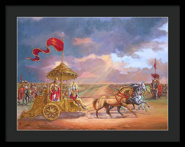 Partha Sarathi  Krishna speaks the Bhagavad-Gita to Arjuna - Framed Print