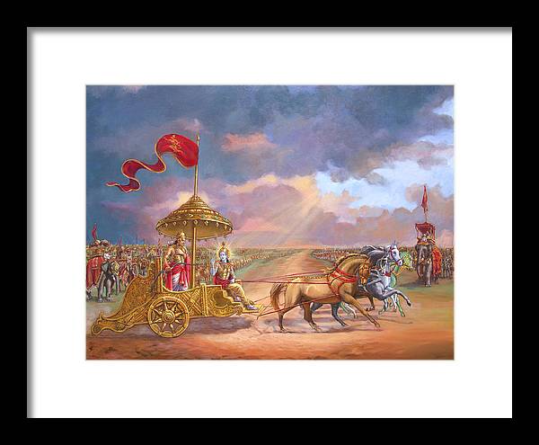 Partha Sarathi  Krishna speaks the Bhagavad-Gita to Arjuna - Framed Print