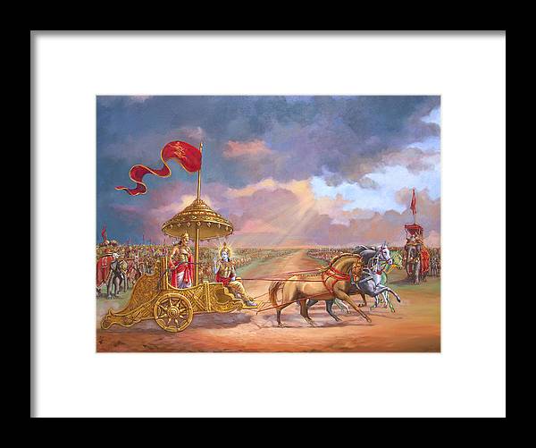 Partha Sarathi  Krishna speaks the Bhagavad-Gita to Arjuna - Framed Print