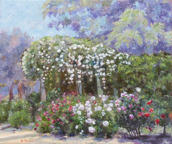 Roses In A Garden – Impressionist Garden Oil Painting by Dominique Amendola