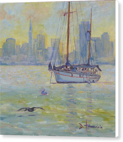 Sailboat anchored at sunset - Canvas Print
