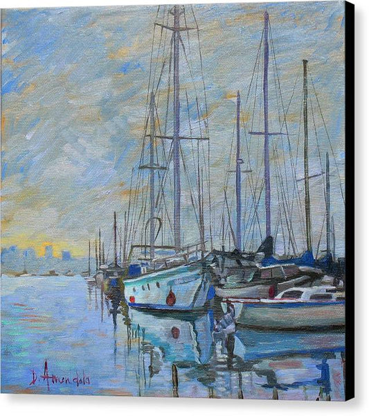 Sailboat In The Evening Fog - Canvas Print