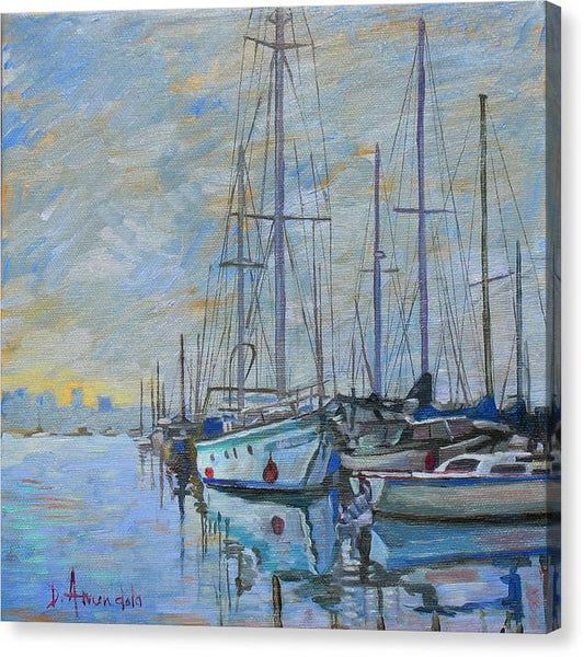 Sailboat In The Evening Fog - Canvas Print