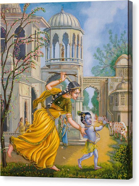 Yashoda Chasing Baby Krishna - Canvas Print