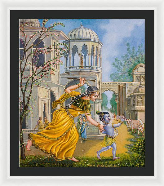 Yashoda Chasing Baby Krishna - Framed Print