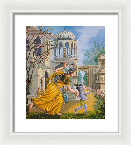 Yashoda Chasing Baby Krishna - Framed Print