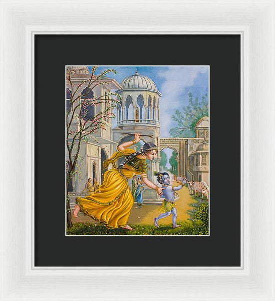 Yashoda Chasing Baby Krishna - Framed Print