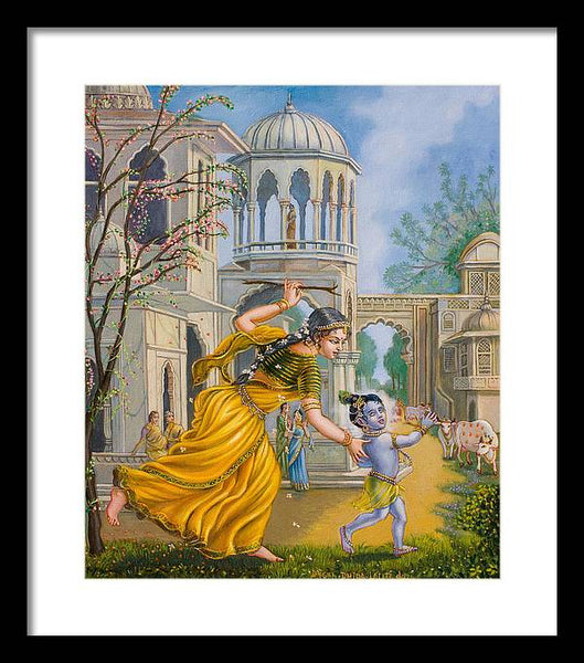 Yashoda Chasing Baby Krishna - Framed Print