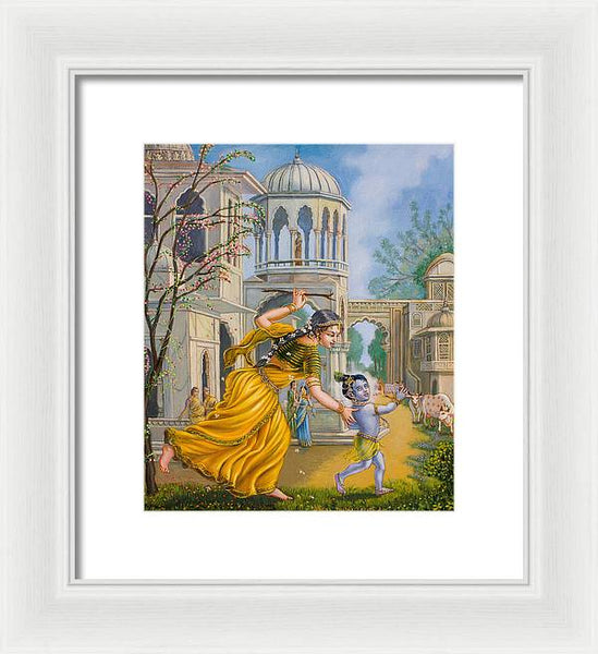 Yashoda Chasing Baby Krishna - Framed Print