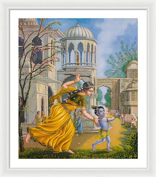 Yashoda Chasing Baby Krishna - Framed Print