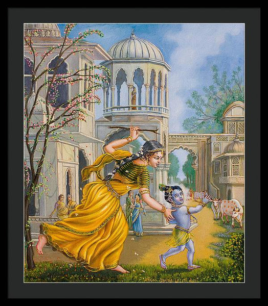 Yashoda Chasing Baby Krishna - Framed Print