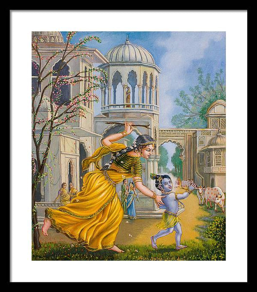 Yashoda Chasing Baby Krishna - Framed Print