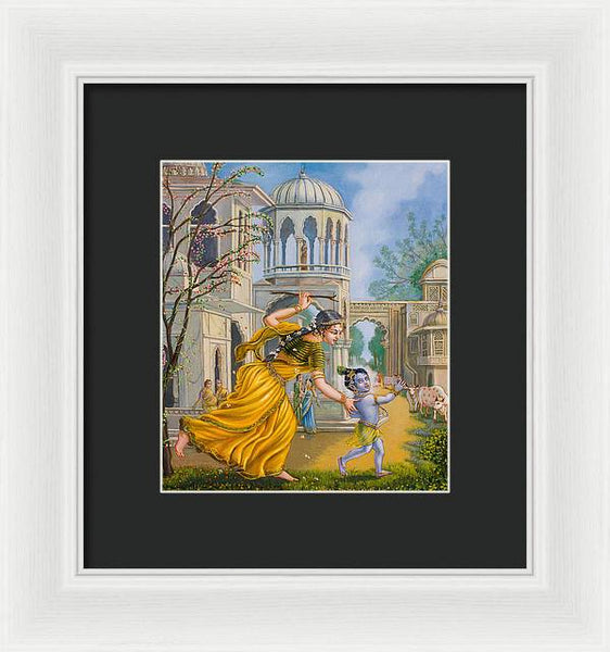 Yashoda Chasing Baby Krishna - Framed Print