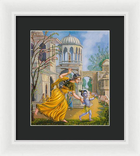 Yashoda Chasing Baby Krishna - Framed Print