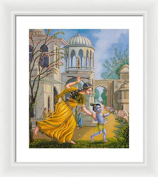 Yashoda Chasing Baby Krishna - Framed Print