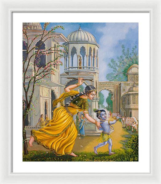 Yashoda Chasing Baby Krishna - Framed Print