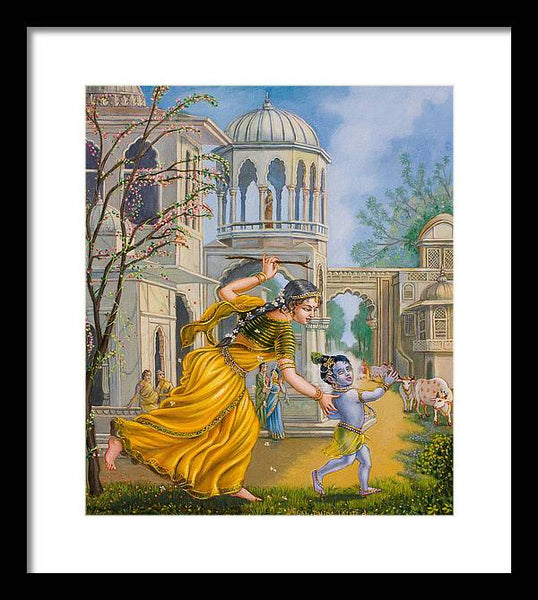 Yashoda Chasing Baby Krishna - Framed Print