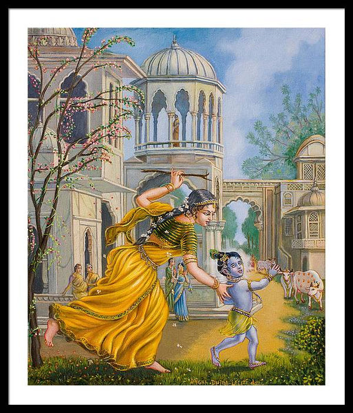 Yashoda Chasing Baby Krishna - Framed Print