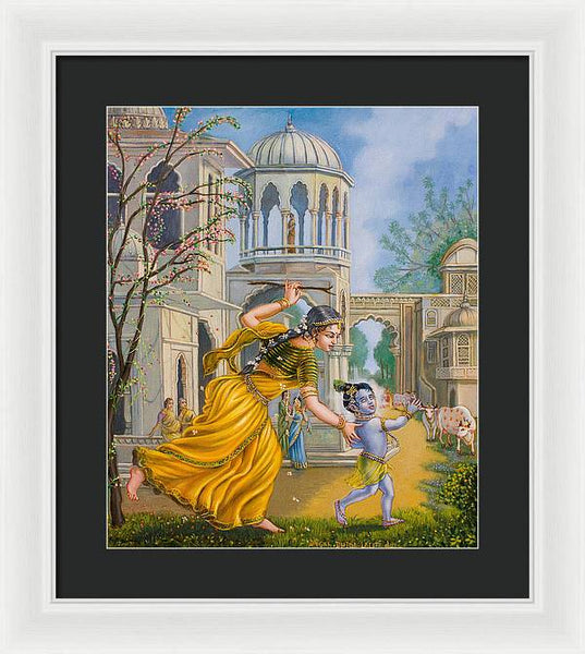 Yashoda Chasing Baby Krishna - Framed Print