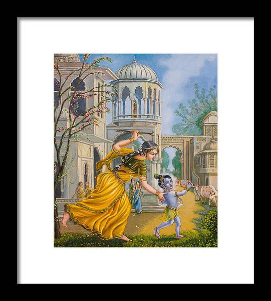 Yashoda Chasing Baby Krishna - Framed Print