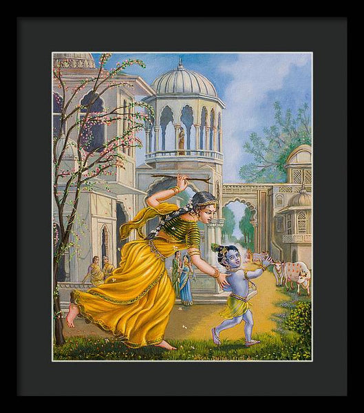Yashoda Chasing Baby Krishna - Framed Print
