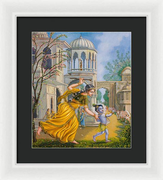 Yashoda Chasing Baby Krishna - Framed Print