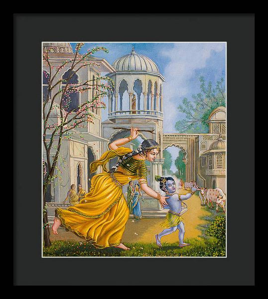 Yashoda Chasing Baby Krishna - Framed Print