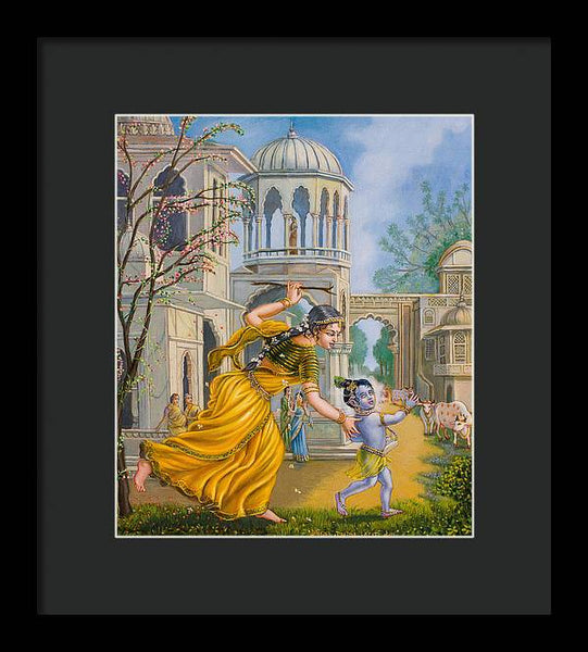 Yashoda Chasing Baby Krishna - Framed Print