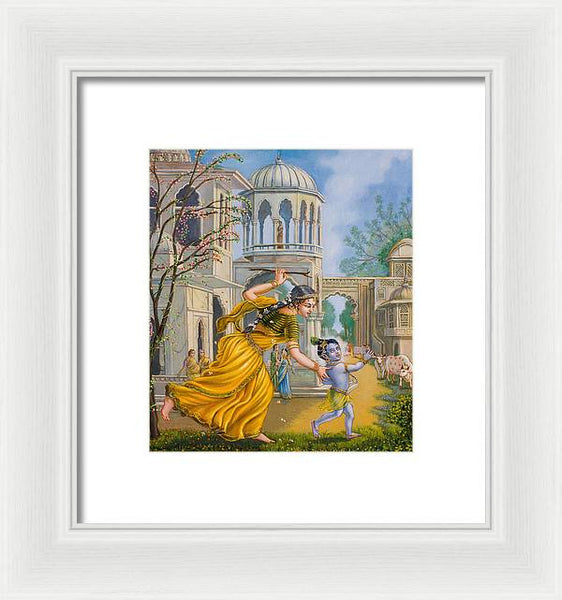 Yashoda Chasing Baby Krishna - Framed Print