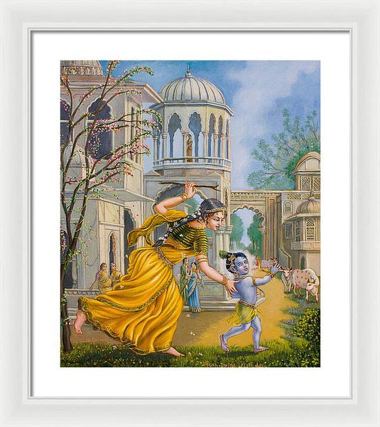 Yashoda Chasing Baby Krishna - Framed Print