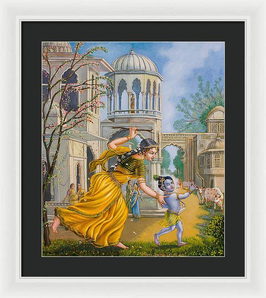 Yashoda Chasing Baby Krishna - Framed Print