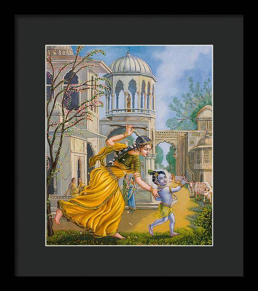 Yashoda Chasing Baby Krishna - Framed Print