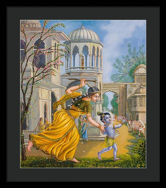 Yashoda Chasing Baby Krishna - Framed Print