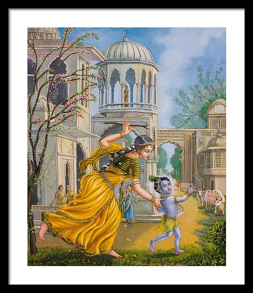 Yashoda Chasing Baby Krishna - Framed Print