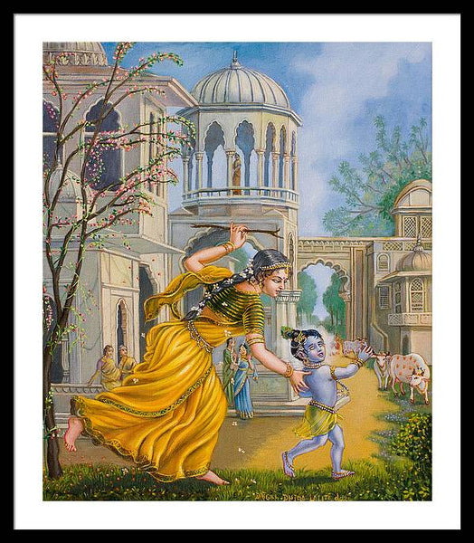 Yashoda Chasing Baby Krishna - Framed Print