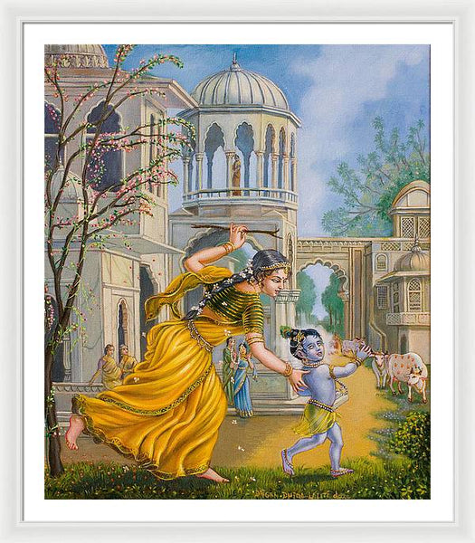 Yashoda Chasing Baby Krishna - Framed Print