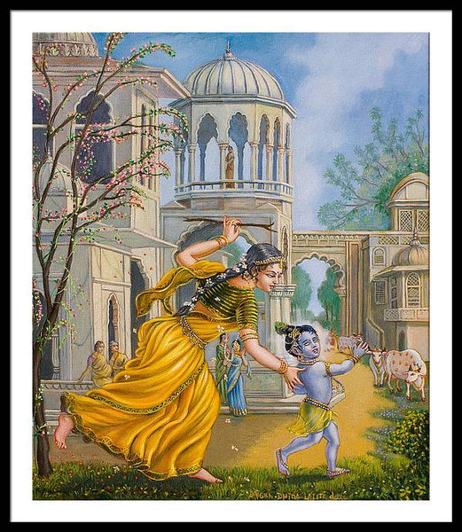 Yashoda Chasing Baby Krishna - Framed Print