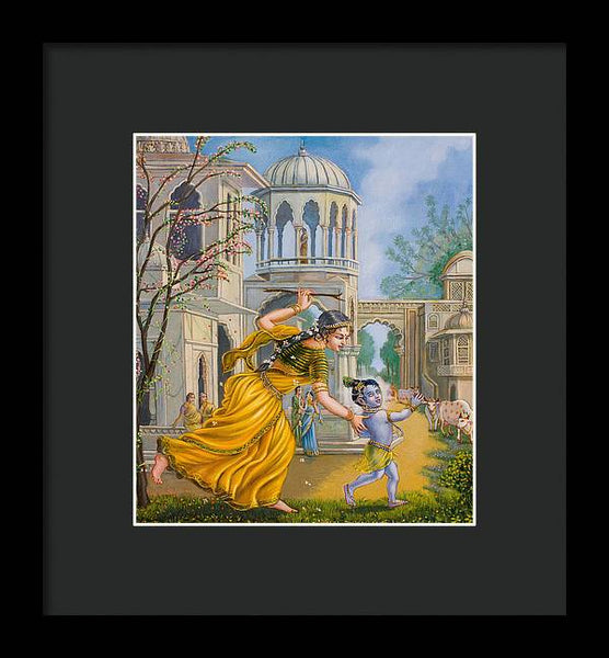 Yashoda Chasing Baby Krishna - Framed Print