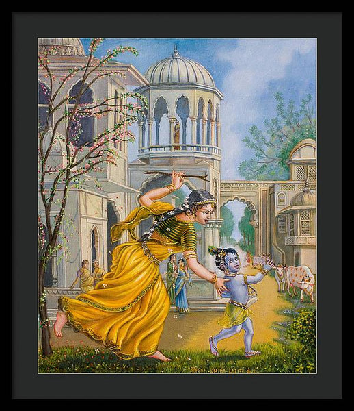 Yashoda Chasing Baby Krishna - Framed Print