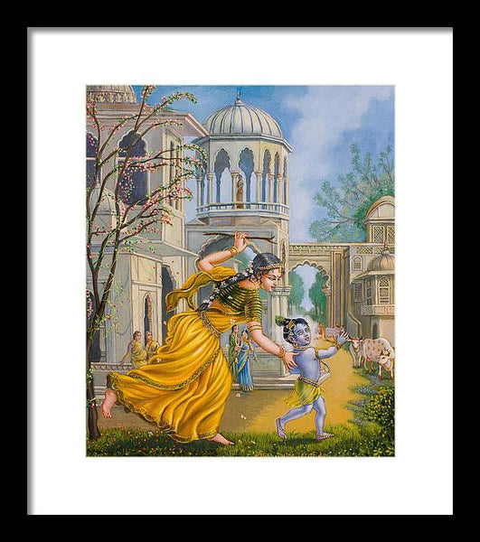 Yashoda Chasing Baby Krishna - Framed Print